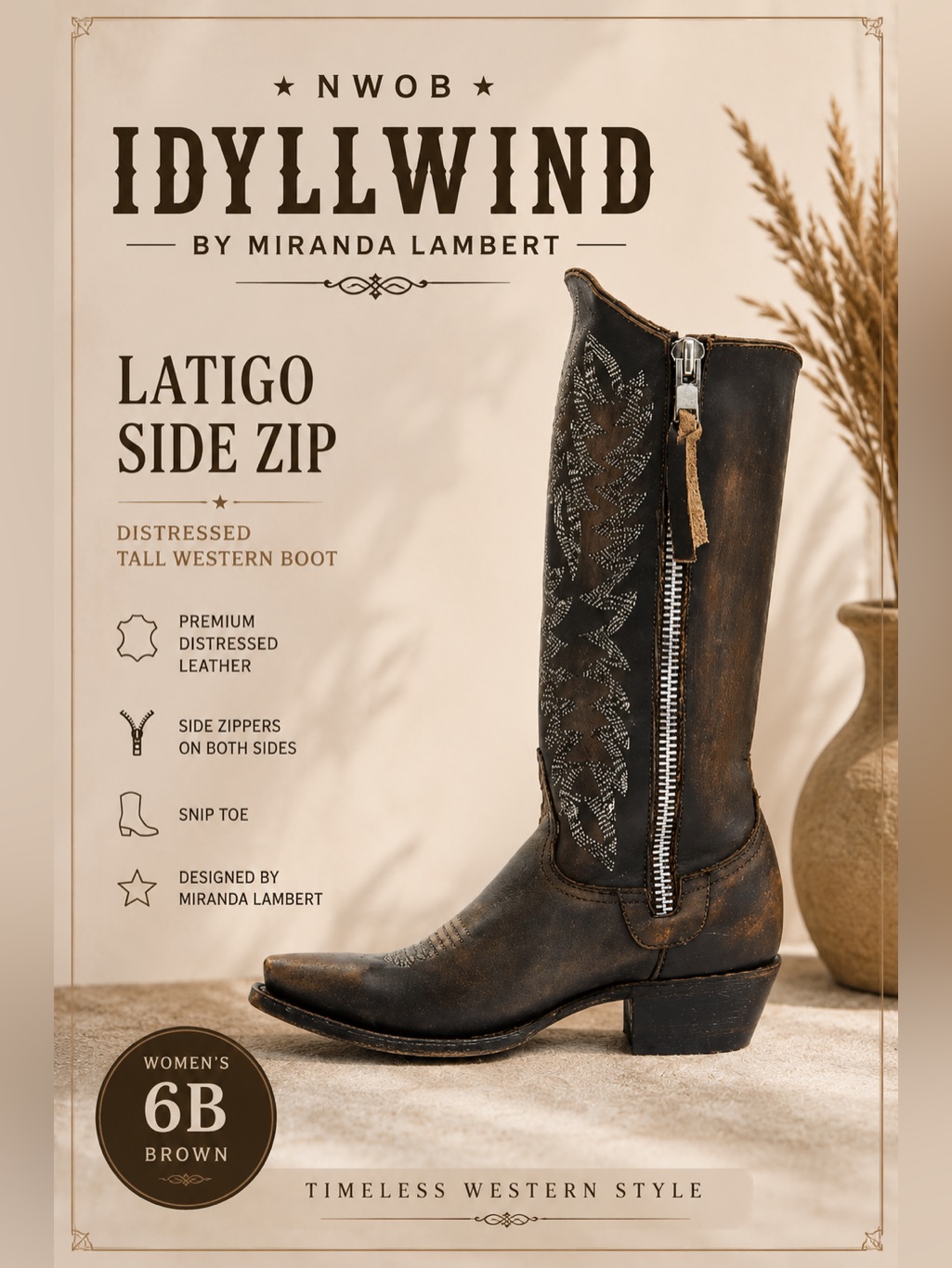 Idyllwind By Miranda Lambert Latigo Side Zip Distressed Tall Western Boots 6b